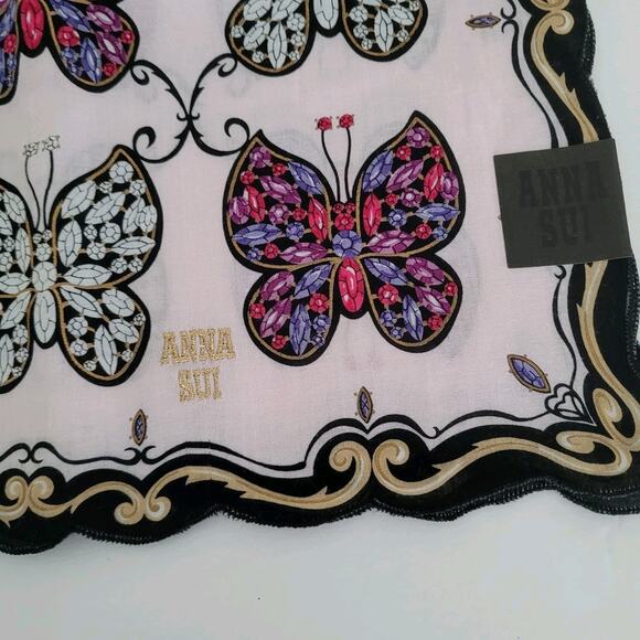 Anna Sui Cotton Butterfly Square Neck Scarf Bandana Small Handkerchief 22" - Picture 5 of 5